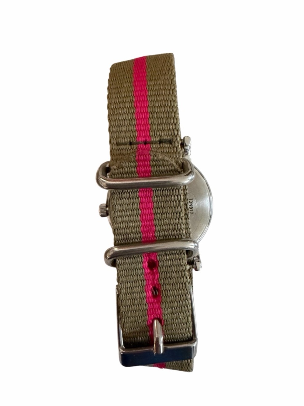 Timex White Dial Watch with Olive and Pink-Striped Strap - Picture 3 of 4